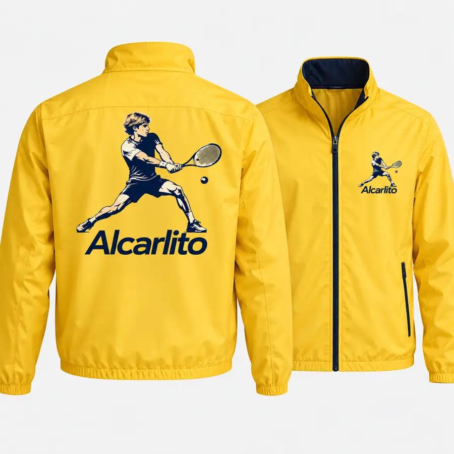 Yellow zip jacket mockup shown from the back with a large tennis player print and from the front with a small chest logo.