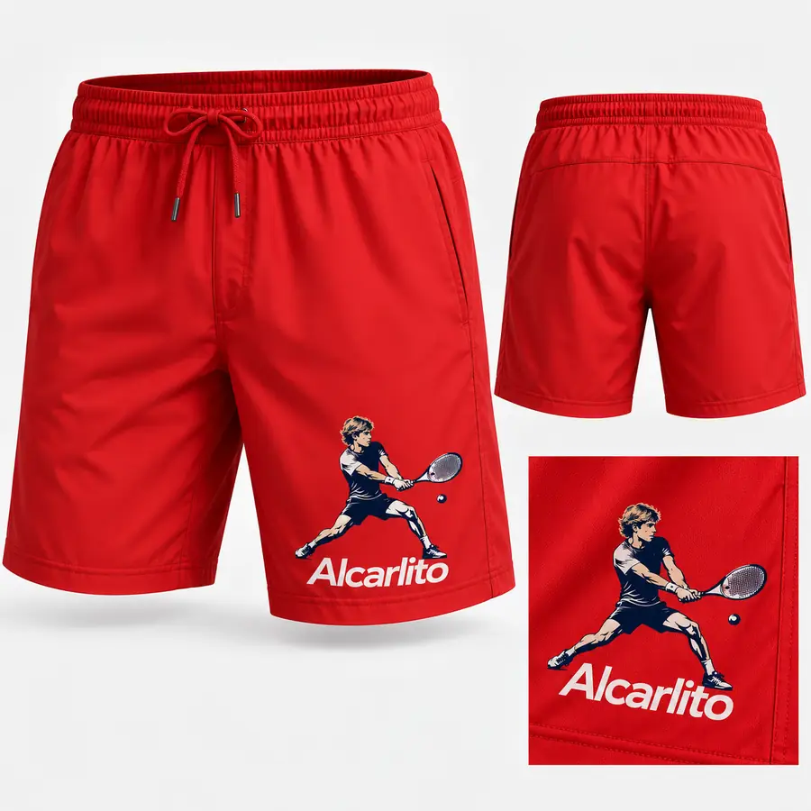 Red sports shorts mockup with the tennis player artwork on the lower left leg, a back view and a close-up of the print.