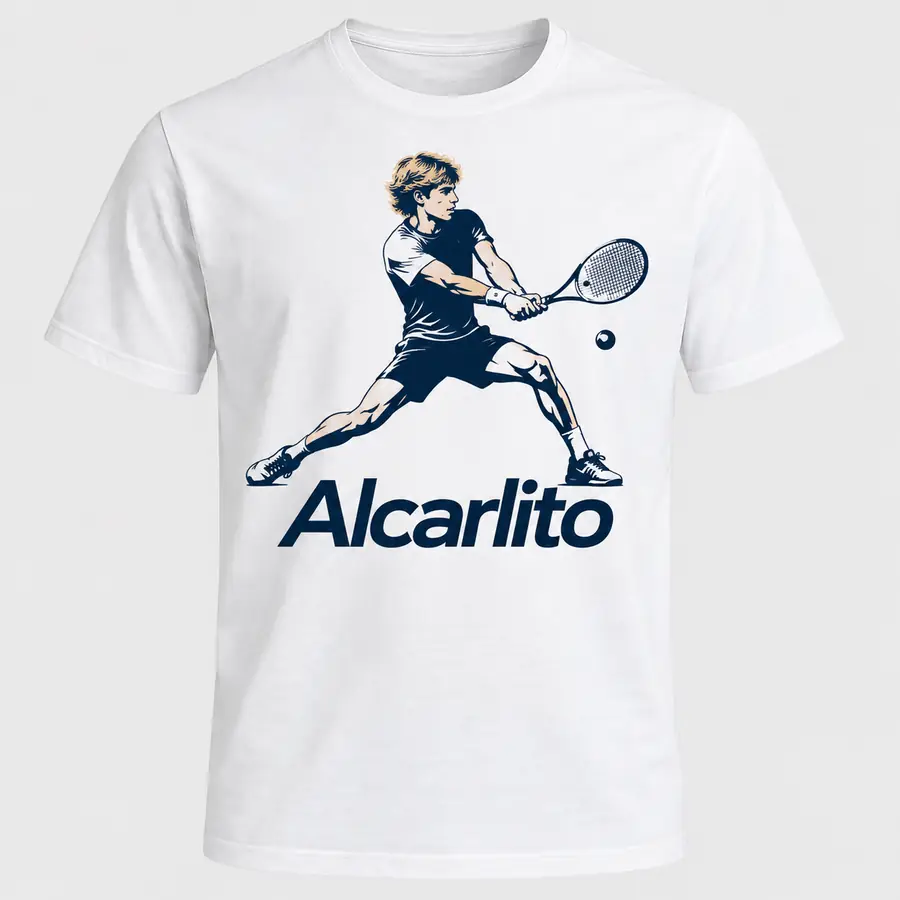 White t-shirt mockup with a large navy tennis player illustration and the word Alcarlito printed across the chest.